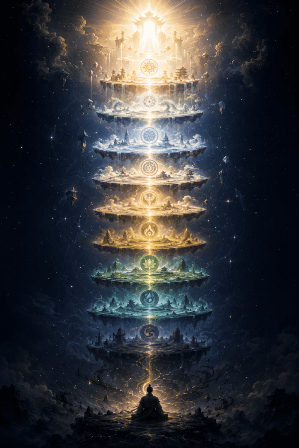 Chinese cultivation realm ladder — nine stages from Qi Condensation to Ascension with Chinese and English labels